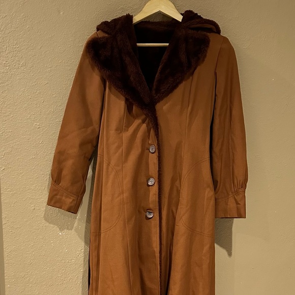 Vintage 60/70s Bonders Orange Fur Hood Trench Coat Button Belted Size S retro - Picture 6 of 14